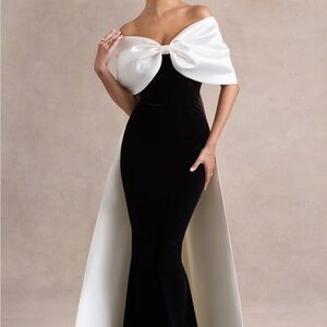 Club L London Black and White Off-Shoulder Maxi Gown